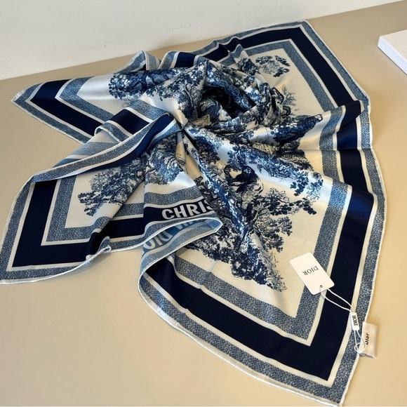 Accessories - Dior Style Navy & White Toile de Jouy Print Silk Scarf